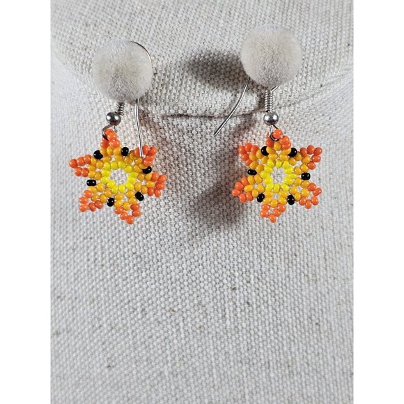 Handmade Seed Bead Sunflower Necklace & Earrings Set | Orange Yellow Floral - Picture 2 of 6